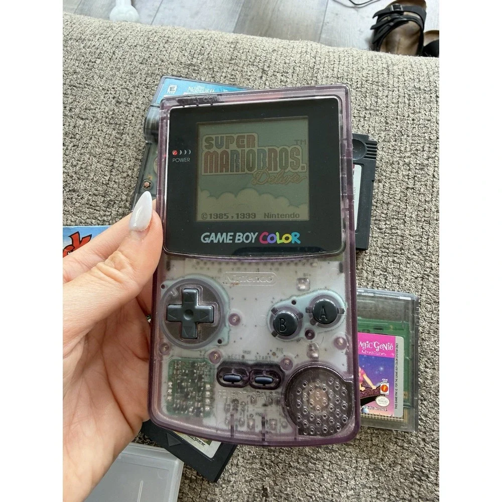 Nintendo Game Boy Color Atomic Purple Console Lot w/ Games & Worm Light- WORKING